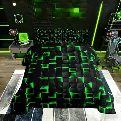 Erosebridal Neon Black Green Boys Comforter Set Full Size Geometric Checkered Bedding Set for Kids Teen Men Gaming Room Decor,Abstract Ombre Plaid Comforter Grids Quilt Duvet