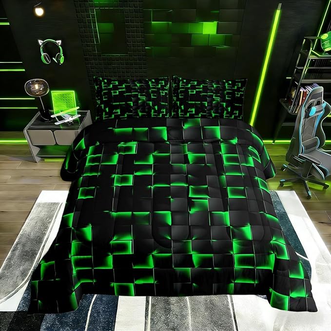 Erosebridal Neon Black Green Boys Comforter Set Toddler Size Geometric Checkered Bedding Set for Kids Teen Men Gaming Room Decor,Abstract Ombre Plaid Comforter Grids Quilt Duvet