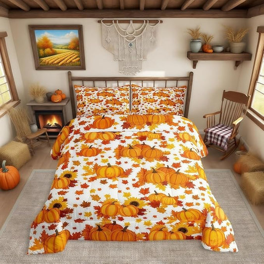Erosebridal Fall Pumpkin Comforter Set Twin Autumn Maple Leaves Bedding Set Thanksgiving Harvest Season Decor Comforter for Home,Rustic Farmhouse Sunflower Quilt Duvet Set 1 Pillow Case Orange White
