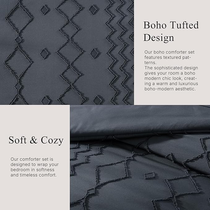 Queen Comforter Set Navy Blue, Tufted Boho Bedding Farmhouse Bed Set, All Season 7 Pieces Bed in a Bag with Sheets, Pillowcases & Shams