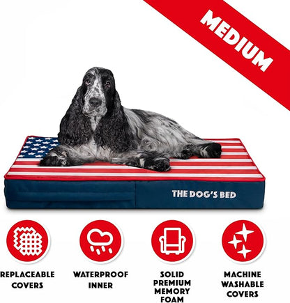 The Dog’s Bed Orthopedic Memory Foam Dog Bed Mattress, Oxford Fabric, Blue & Red Trim USA Center Flag, M, 4-Inch