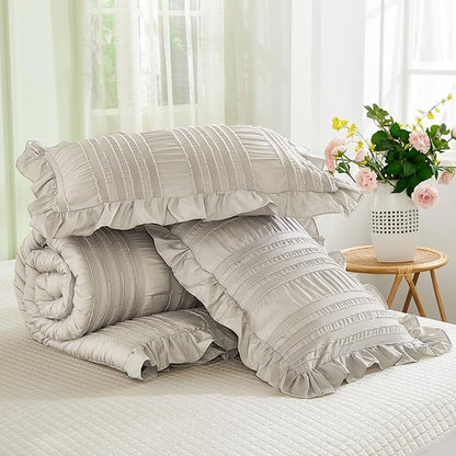 WONGS BEDDING Grey Textured Comforter Set Queen,3 Pieces Ruffle Farmhouse Shabby Chic Comforter for Queen Bed,Soft Seersucker Boho Bedding Set with 1 Ruffle Comforter,2 Tufted Pillowcases 90"×90"