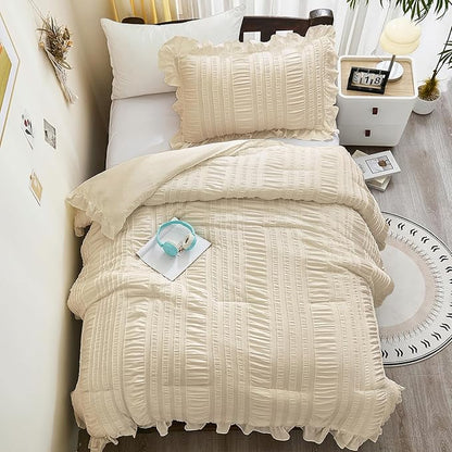 WONGS BEDDING Comforter Set Twin, 3 Pieces Ruffle for Dorm Room Essentials Comforter for Twin Bed, Beige Textured Bedding Set with 1 Ruffle Comforter, 2 Tufted Pillowcases 86"×68"