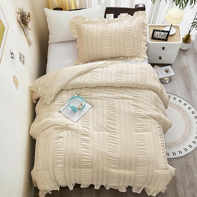 WONGS BEDDING Beige Comforter Set Full, 3 Pieces Ruffle Shabby Chic Comforter for Dorm Room Essentials for Full Bed, Soft Seersucker Bedding Set with 1 Comforter, 2 Tufted Pillowcases 90"×78"