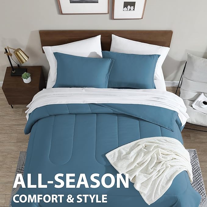 Cathay Home Basic Bedding Home Essential Ultra Soft Lightweight 8PC Wrinkle Resistant Microfiber Bed in a Bag Set (Includes Complete Sheet Set, Comforter Set & Bedskirt) - Full, Blue