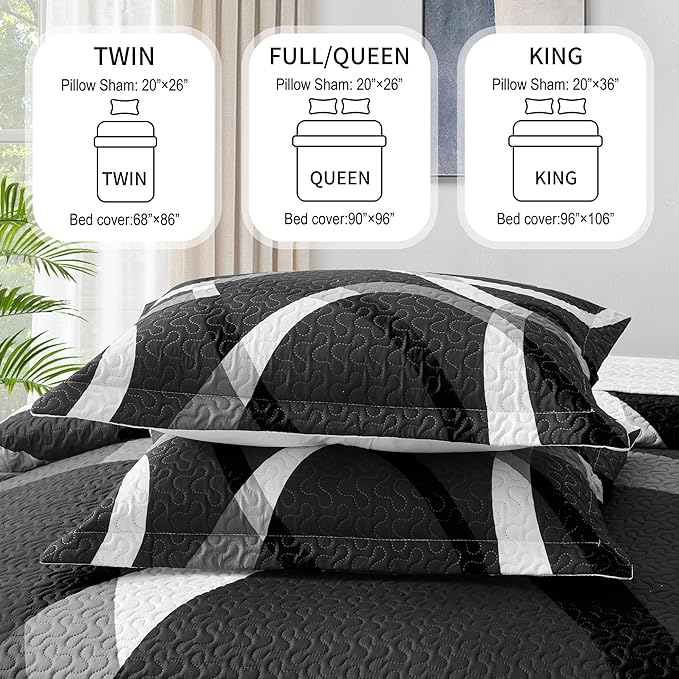 weesire Black and White Bedding Quilt Queen Size with 2 Shams, Modern Stripe Comforter Sets Classic Line Pattern Bedspreads Grey and White Coverlet, 90''x96''