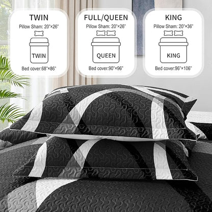 weesire Black and White Bedding Quilt Queen Size with 2 Shams, Modern Stripe Comforter Sets Classic Line Pattern Bedspreads Grey and White Coverlet, 90''x96''