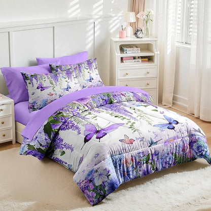 Nesker 5 Pcs Spring Comforter Set Twin Size, Purple Floral Bedding Set for Kids and Adults, Butterfly Wisteria Hydrangea Bed Sheet Sets with Fitted Sheet Pillowcase & Sham
