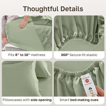 California Design Den Hotel Quality Full Size Sheets Set - Luxury 600 Thread Count Sateen, Natural 100% Cotton Bed Sheets, Fully Elasticized Deep Pockets, Crisp, Cool and Durable - Laurel Green