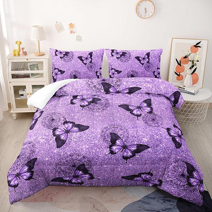 Violet Butterfly Comforter Set - King Size Kids Bedding with 1 Comforter and 2 Pillowcases - Butterfly & Dandelion Pattern All Season