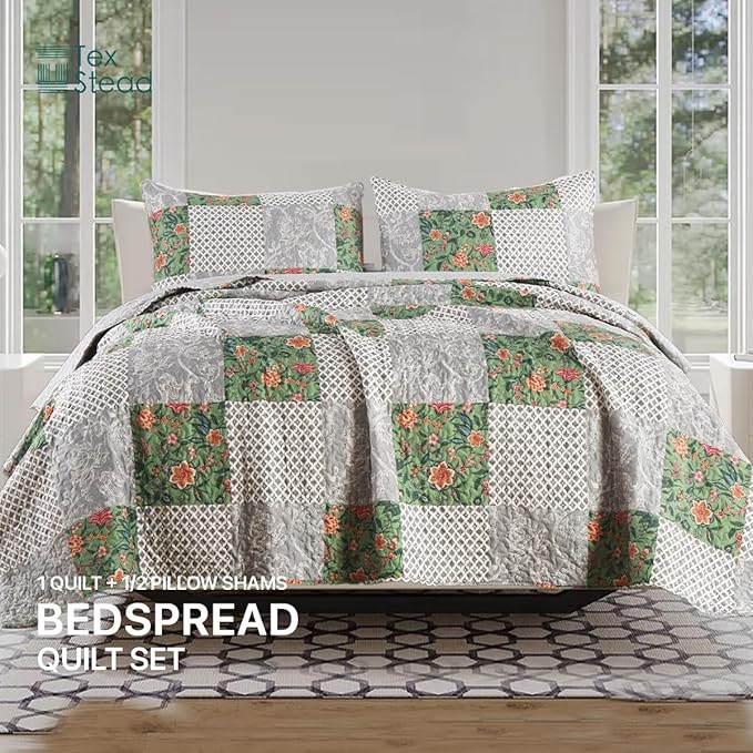 Quilt Set King Size Floral Patchwork Quilted, Soft Comforter Set Bedding Sets, Coverlet Bedspread Decorative Quilts with 2 Pillow Shams 90"x104"
