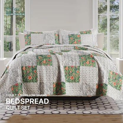 Quilt Set Queen Size Floral Patchwork Quilted, Soft Comforter Set Bedding Sets, Coverlet Bedspread Decorative Quilts with 2 Pillow Shams 90"x90"
