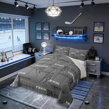 Manfei Hockey Players Kids Comforter Set Queen Size, Bedding Set,Girls Boys Room Decor,Ball Activity Game Quilt Comforter,Gray Duvet Set Bedroom Quilt Set,2 Pillowcases