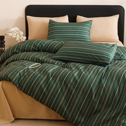 CLOTHKNOW Green Striped King Size Comforter Set Farmhouse Bedding Comforter Sets Ticking Farmhouse Comforter with 2 x Pillow Cases