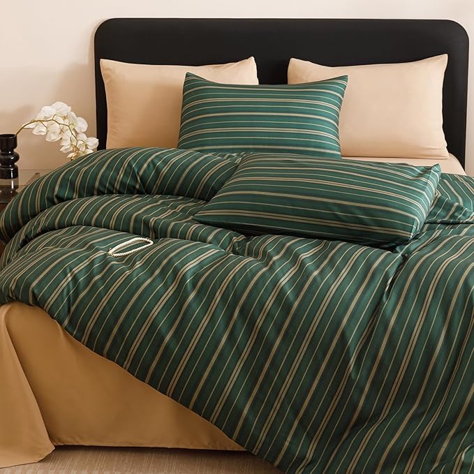 CLOTHKNOW Green Striped California King Comforter Set Farmhouse Bedding Comforter Sets Ticking Comforter with 2 x Pillow Cases
