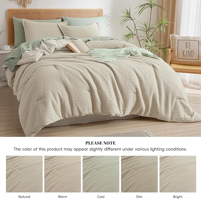 PHF Soft Waffle Comforter Set King Size- Comfy Breathable Waffle Weave Comforter with 2 Pillow Shams, 3 Pieces Less Snagging Lightweight Textured Bedding Set for All Season, Natural/Linen