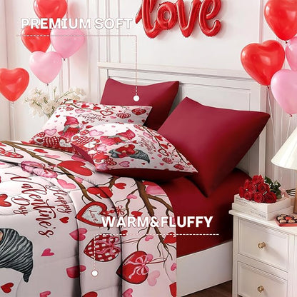Nesker 7 Pcs Valentine's Day Comforter Set Queen Size, Gnomes Sweet Love Bedding Set for Kids and Adults, Pink Romantic Heart Sheets Bed Sheet Sets with Fitted Sheet 2 Pillowcases & 2 Shams