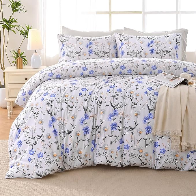 MUXHOMO Blossom Blue Bed in a Bag King 7 Pieces, King Comforter Set Reversible Botanical Flowers Design, Ultra Soft & Breathable Bedding Sets with Comforter, Sheets, Pillowcases & Shams