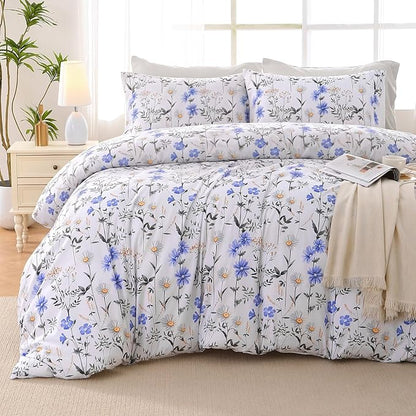 MUXHOMO Blossom Blue Bed in a Bag King 7 Pieces, King Comforter Set Reversible Botanical Flowers Design, Ultra Soft & Breathable Bedding Sets with Comforter, Sheets, Pillowcases & Shams