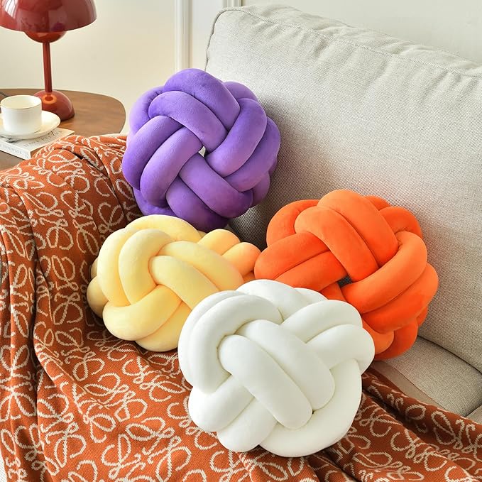 Knot Ball Pillow, Round Decorative Throw Pillows Cushion, 11 Inch Beige Soft Plush Knotted Pillows Pillow, Modern Home Throw Knot Decorative Cushion