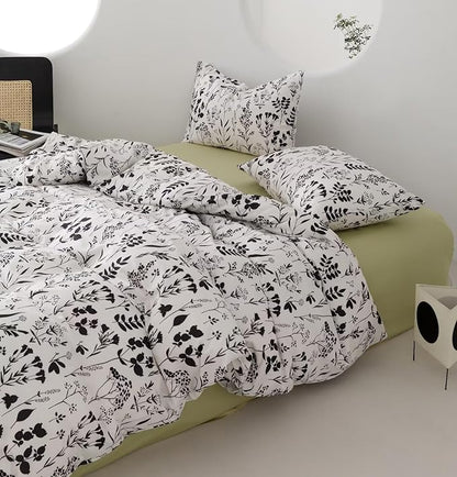 KAREVER Black Botanical Comforter Set Twin White Black Floral Plant Bedding Comforter Set Girls Garden Pattern Printed on White Blanket Rustic Leaf Blossom Women White Farmhouse Comforter Twin