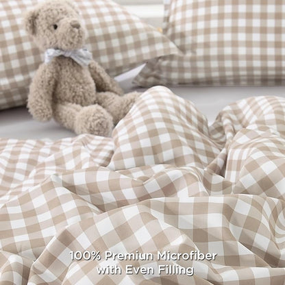 Andency Tan Gingham Comforter Set Full(79x90Inch), Brown Checkered Grid Plaid Buffalo Bed Set for Girls Boys Kids Teens, 3 Pieces Lightweight Microfiber Geometric Preppy Bedding