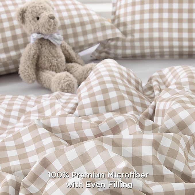 Andency Tan Checkered Comforter King(104x90Inch), Plaid Gingham Buffalo Grid Bedding Comforter Sets for Boys Kids Teens, 3 Pieces Lightweight Microfiber Geometric Preppy Bed Set