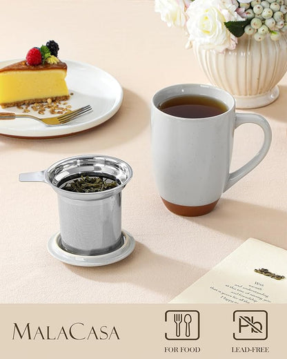 MALACASA Ceramic Tea Mug with Lid and Stainless Steel Infuser, 18 oz Large Tea Cup for Loose Leaf Tea, Heat-Resistant, Microwave & Dishwasher Safe, Speckled Glaze Coffee & Tea Brewer Mug, Khaki Gray