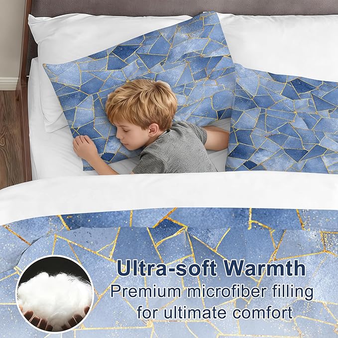 Geometri Marble Comforter Set Full Size Gold Glitter Lines Bedding Set Marbled Geometry Print Bed Set for Bedrom Decor Watercolor Dusty Blue Marbling Quilt Set with 1 Comforter + 2 Pillowcases
