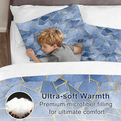 Geometri Marble Comforter Set Full Size Gold Glitter Lines Bedding Set Marbled Geometry Print Bed Set for Bedrom Decor Watercolor Dusty Blue Marbling Quilt Set with 1 Comforter + 2 Pillowcases