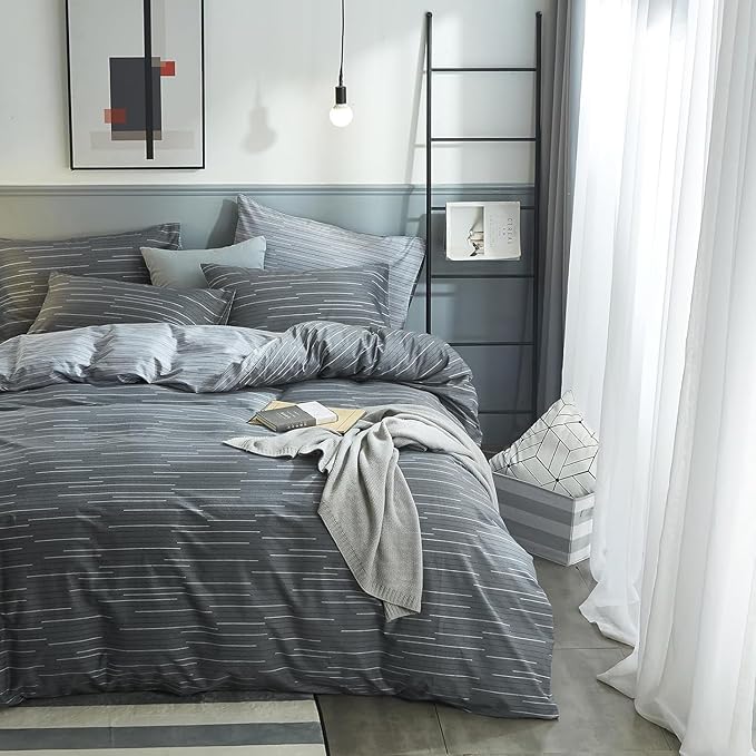 mixinni Queen Size Comforter Set for Teen Modern Geometric Boys Grey Striped Printed Comforter Set Men Boys for All Season, 1 Soft Fluffy Comforter and Two Pillowcases-Queen Size
