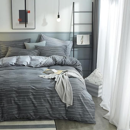 mixinni Queen Size Comforter Set for Teen Modern Geometric Boys Grey Striped Printed Comforter Set Men Boys for All Season, 1 Soft Fluffy Comforter and Two Pillowcases-Queen Size