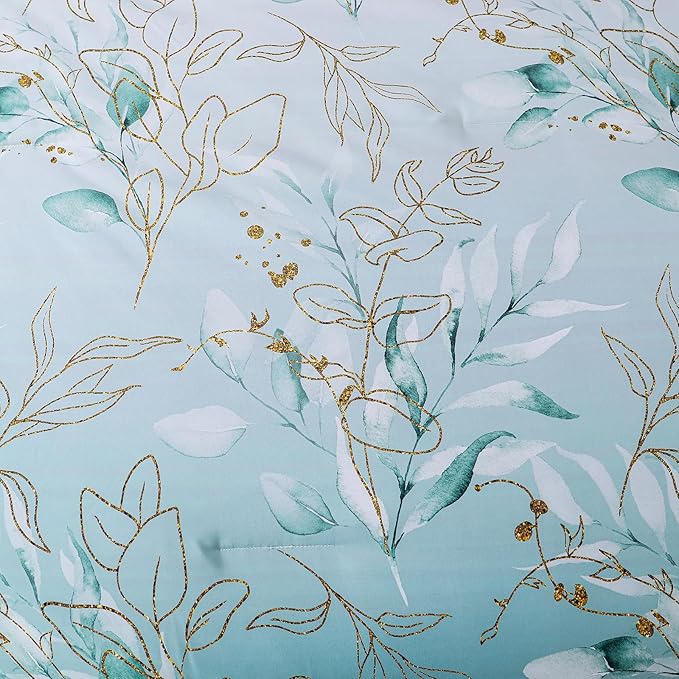 WONGS BEDDING Aqua Comforter Set King Size, 7 Pieces Aqua Botanical Bed in a Bag Comforter Complete Golden Leaves Gradient Bedding Bedding Set for All Season with Sheets,Pillowcases & Shams