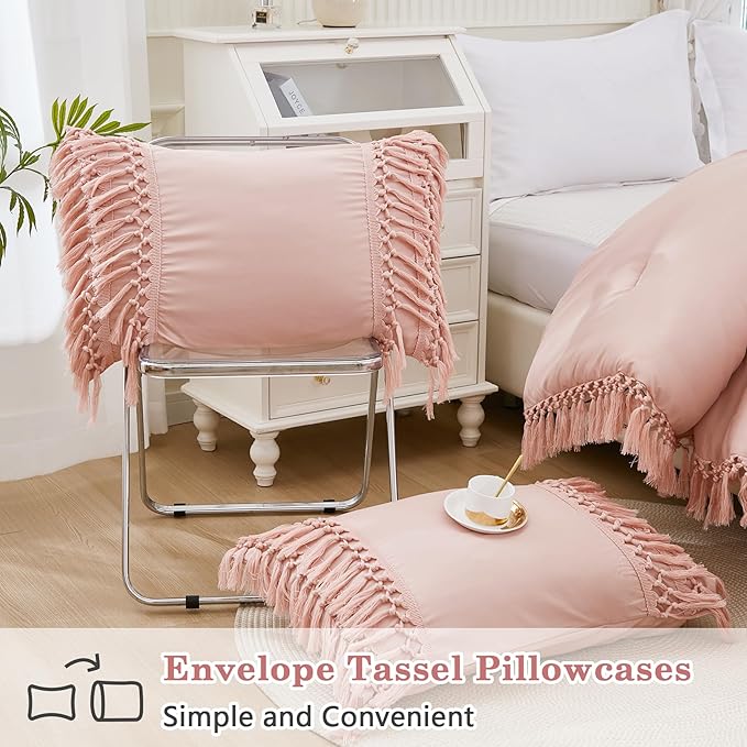 Andency Pink Comforter Set King, 3 Pieces Boho Tassel Lightweight Soft Bedding Comforter Sets for King Bed, All Season Fluffy Fringe Bed Set (104x90In Comforter & 2 Pillowcases)