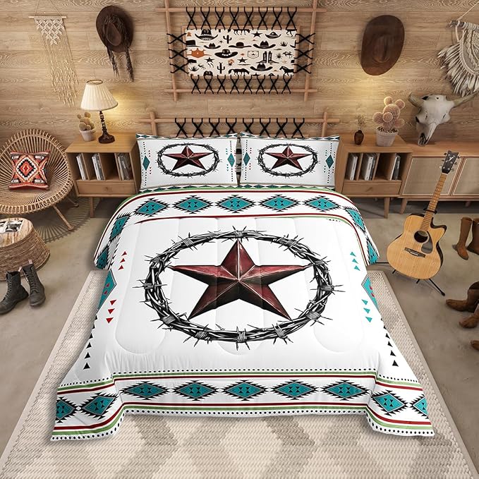 Erosebridal Western Decor King Comforter Set Boho Aztec Bedding Set for Kids Teens Adult Bedroom, Southwestern Texas Star Bedding Comforter Sets Exotic Tribal Geometric Quilt with 2 Pillow Cases