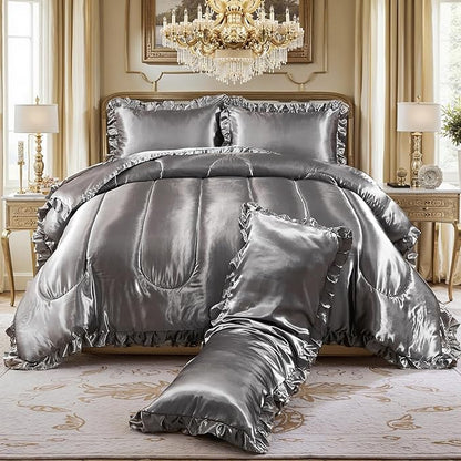 Satin King Comforter Set Silk Like Satin Bedding Set 4 Pcs Hotel Soft Polyester Grey Bed Set Luxury Silky Body Pillow Cover Ruffle Down Comforter Home Decor