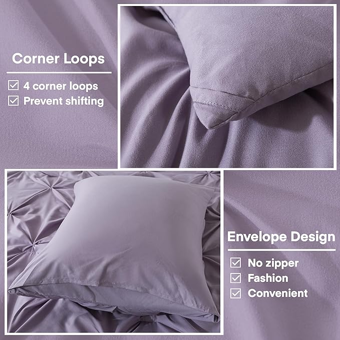 Andency Grayish Purple Pinch Pleat Comforter Full Size(79x90Inch), 3 Pieces(1 Pintuck Comforter and 2 Pillowcases) Lightweight Soft Microfiber Bedding Set for Women Men