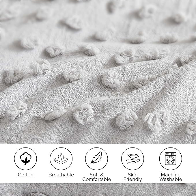 Comfort Spaces Cotton Comforter Set Jacquard Pom-Pom Tufts Design, Down Alternative, All Season Modern Bedding, Matching Shams, Twin/Twin XL, Grey 3 Piece