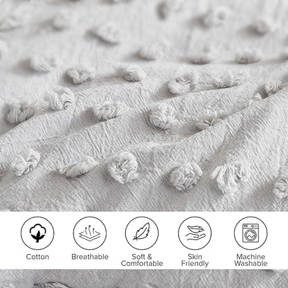 Comfort Spaces Cotton Comforter Set Jacquard Pom-Pom Tufts Design, Down Alternative, All Season Modern Bedding, Matching Shams, Twin/Twin XL, Grey 3 Piece