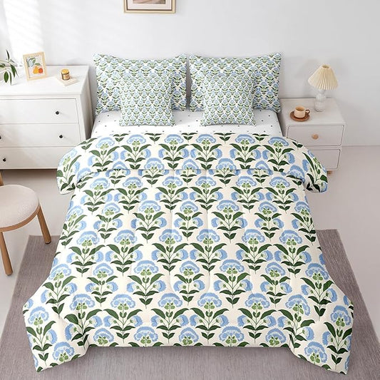 Feelyou Girls Vintage Flowers Comforter Set with Sheets Queen Size 7 Pieces Kids Romantic Florals Pattern Bedding Set for Boys Women Teens Botanical Nature Garden Theme Bed in a Bag Room Decor