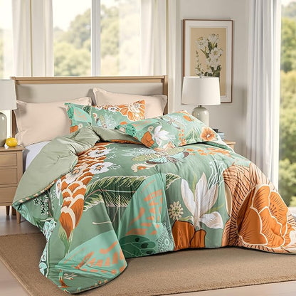 Sage Green Boho Floral Queen Comforter Set - 3 Piece Farmhouse Botanical Bedding Comforter Sets for All Season Soft Lightweight Mid Century Bed Set, (1 Reversible Comforter and 2 Pillow Shams