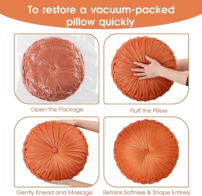 ROSE&RISY Round Pleated Hand-Stitched Velvet Throw Pillow, 1 Pcs Decorative Accent Pumpkin Pillow Cushion for Couch Sofa Chair Bed Car Home Decor (14.5 Inch, Orange)