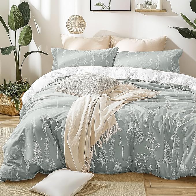 Love's cabin Grey Twin Comforter Set - Twin XL Size Comforter Set Dorm Bedding, 2 Pieces Cute Floral Bedding, Soft Reversible Flowers Comforter, 1 Comforter & 1 Pillow Sham