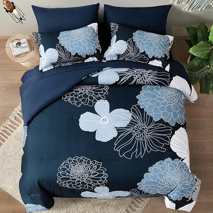 Yiran Navy Blue Bed in a Bag Comforter Set Queen 7 Pieces Floral Bedding Set for Bed,Soft Microfiber Flowers Comforter with 1 Flat Sheet 1 Fitted Sheet 2 Pillowshams