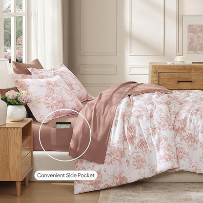 Twin XL Comforter Set -5 Pieces Floral Rose Bedding Set for All Seasons, Bed in a Bag with Botanical Flowers Comforter, Sheets, Pillowcase & Sham
