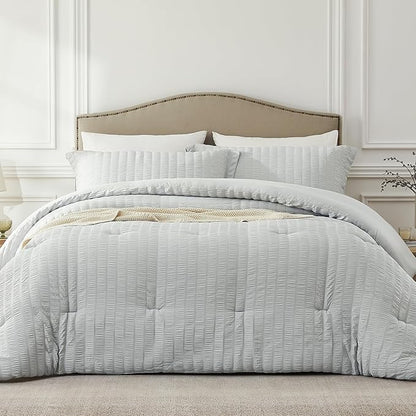 Lightgrey California King Comforter Set - 3 Pieces Seersucker Lightweight Bedding Comforter Sets (1 Soft Fluffy Comforter & 2 Pillowcases) - All Seasons Cozy Farmhouse Bed Sets for Women Men