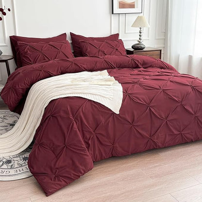 Maple&Stone Burgundy Comforter Set Queen, 7 Pieces Bed in a Bag Queen, Pintuck Bedding Sets with Comforter, Sheets, Pillowcases & Shams - Burgundy