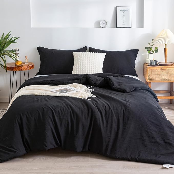 Ultra-Soft Black Twin Comforter Set, Washed Cotton 2 Piece Fluffy Lightweight Down Alternative Bedding Comforter for All Seasons - 1 Conforter and 1 Pillowcase - Twin/Twin XL Size Signal Dorm Kids Bed