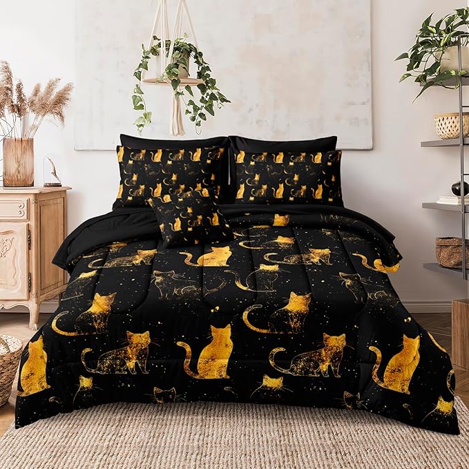 Black Gold Comforter Queen Gold Cat Bedding Set Black Kitty Animal Pattern Super Soft Cozy Girls Boys Pet Theme Cute Bed in A Bag with Comforter and Sheet Set