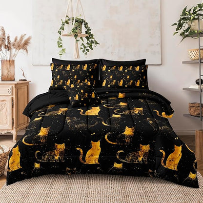 Black Gold Comforter Queen Gold Cat Bedding Set Black Kitty Animal Pattern Super Soft Cozy Girls Boys Pet Theme Cute Bed in A Bag with Comforter and Sheet Set